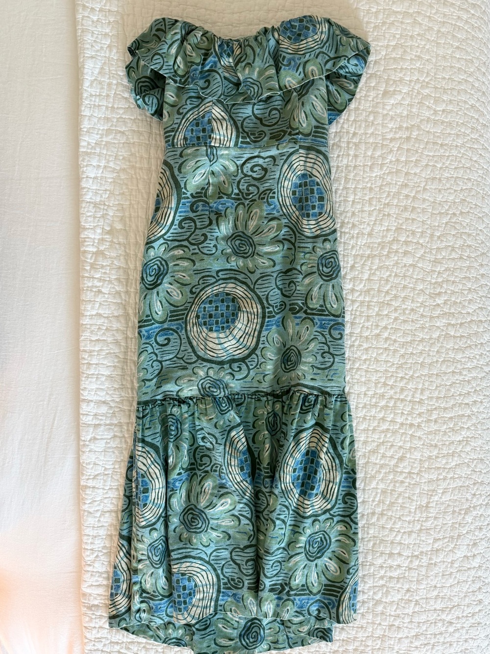 RHODE Thea strapless aquatic print dress with flounce hem